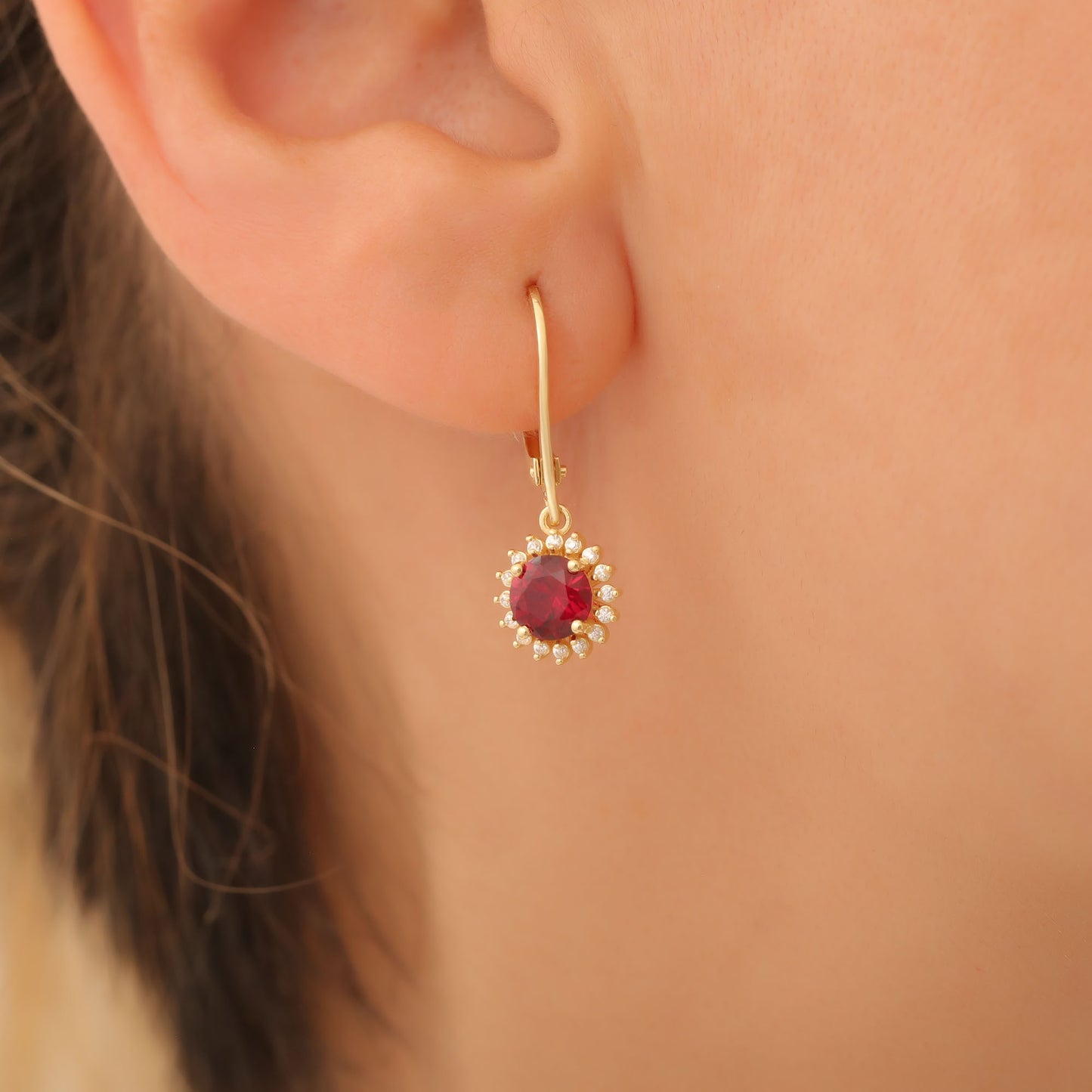 8K/10K/14K Solid Gold Ruby Dangle Earrings in Round Shape Surrounded by Real Diamonds, Perfect for Anniversary, Christmas or July Birthstone Gift