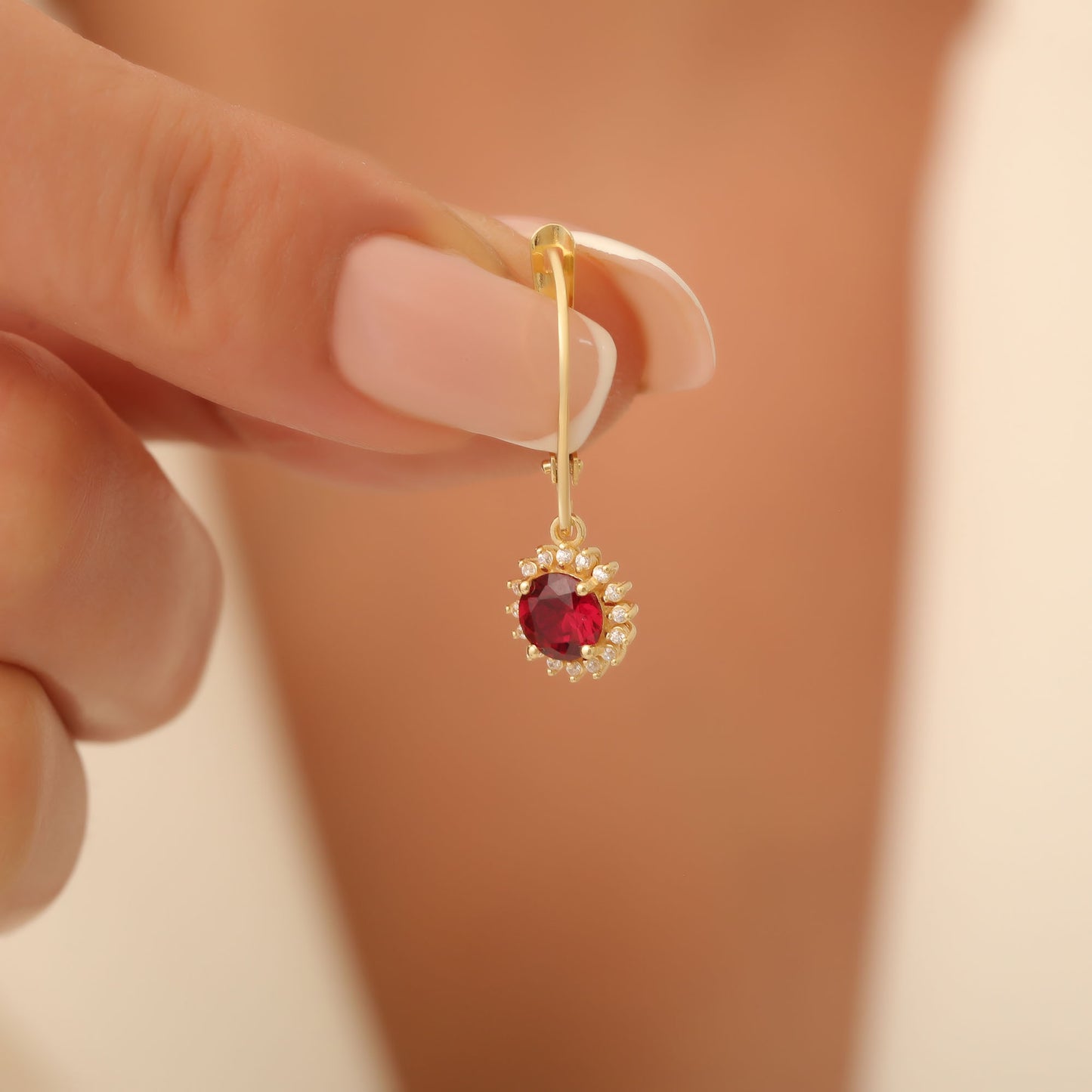 8K/10K/14K Solid Gold Ruby Dangle Earrings in Round Shape Surrounded by Real Diamonds, Perfect for Anniversary, Christmas or July Birthstone Gift