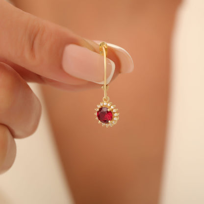 8K/10K/14K Solid Gold Ruby Dangle Earrings in Round Shape Surrounded by Real Diamonds, Perfect for Anniversary, Christmas or July Birthstone Gift