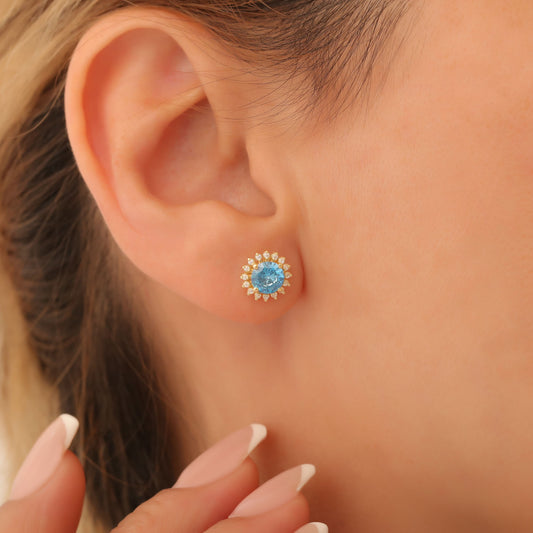 10K/14K Solid Gold Blue Topaz Stud Earrings in Round Shape Surrounded by Real Diamonds, Timeless Birthstone Jewelry for December