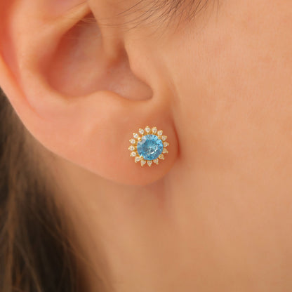 10K/14K Solid Gold Blue Topaz Stud Earrings in Round Shape Surrounded by Real Diamonds, Timeless Birthstone Jewelry for December