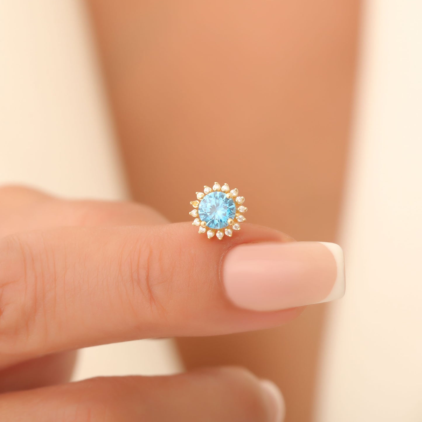 10K/14K Solid Gold Blue Topaz Stud Earrings in Round Shape Surrounded by Real Diamonds, Timeless Birthstone Jewelry for December