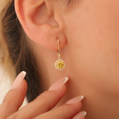 8K/10K/14K Solid Gold Yellow Topaz Dangle Earrings in Round Shape Surrounded by Real Diamonds