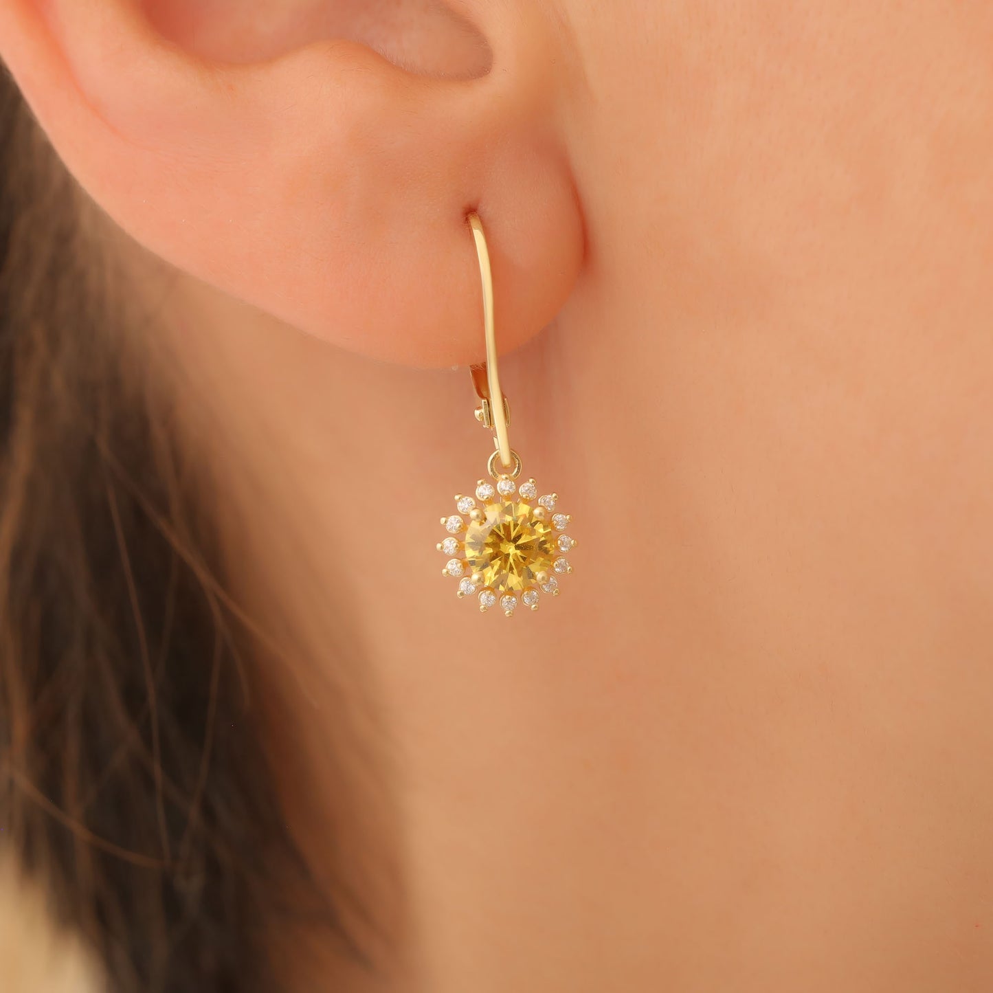 8K/10K/14K Solid Gold Yellow Topaz Dangle Earrings in Round Shape Surrounded by Real Diamonds