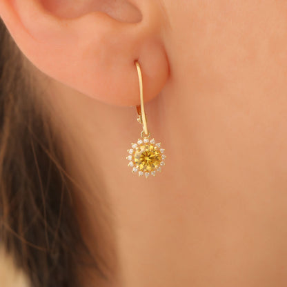 8K/10K/14K Solid Gold Yellow Topaz Dangle Earrings in Round Shape Surrounded by Real Diamonds