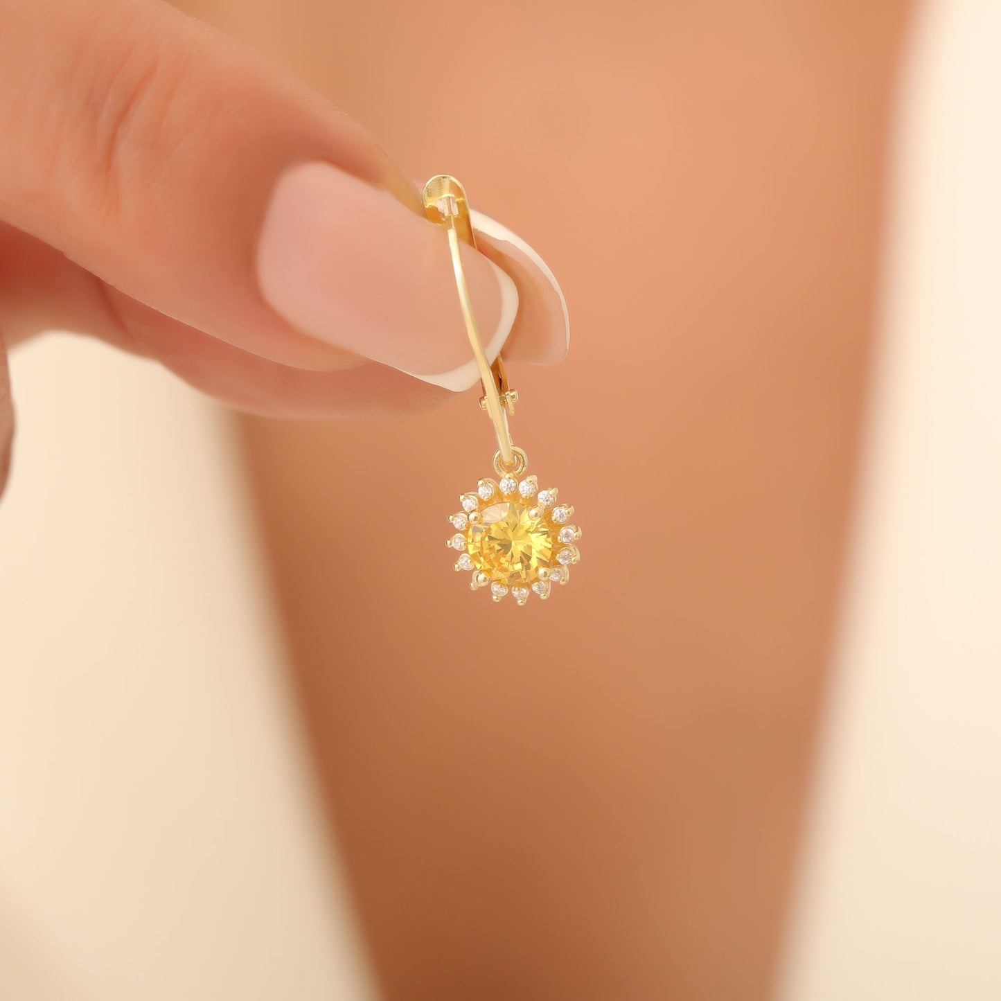 8K/10K/14K Solid Gold Yellow Topaz Dangle Earrings in Round Shape Surrounded by Real Diamonds