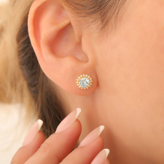 10K/14K Solid Gold Aquamarine Stud Earrings in Round Shape Surrounded by Real Diamonds, Birthstone Jewelry for March
