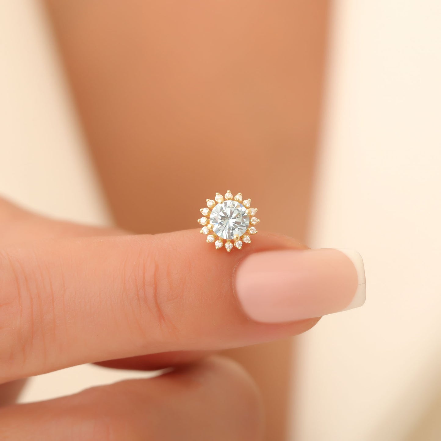 10K/14K Solid Gold Aquamarine Stud Earrings in Round Shape Surrounded by Real Diamonds, Birthstone Jewelry for March