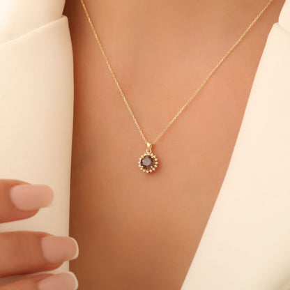 10K/14K Solid Gold Smoky Quartz Necklace in Round Shape Surrounded by Real Diamonds