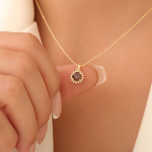 10K/14K Solid Gold Smoky Quartz Necklace in Round Shape Surrounded by Real Diamonds