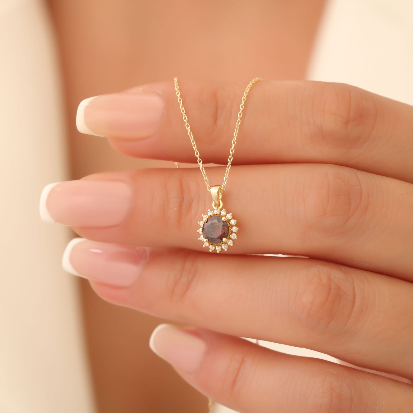 10K/14K Solid Gold Smoky Quartz Necklace in Round Shape Surrounded by Real Diamonds