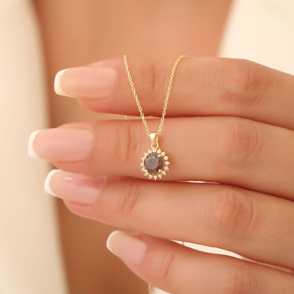 10K/14K Solid Gold Smoky Quartz Necklace in Round Shape Surrounded by Real Diamonds