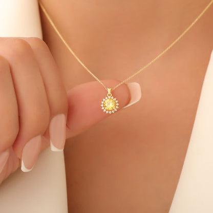 10K/14K Solid Gold Yellow Topaz Necklace in Round Shape Surrounded by Real Diamonds