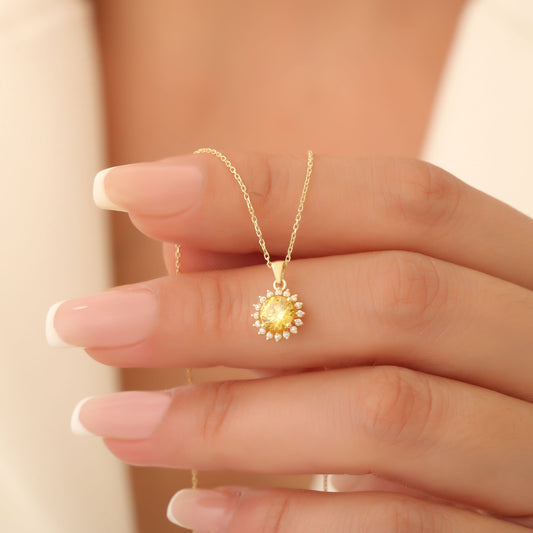 10K/14K Solid Gold Yellow Topaz Necklace in Round Shape Surrounded by Real Diamonds