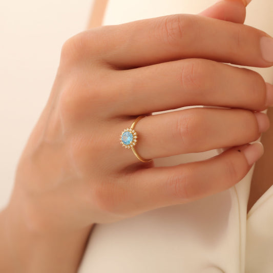 Blue Topaz Ring in Round 8K/10K/14K Solid Gold Shape Surrounded by Real Diamonds, December Birthstone