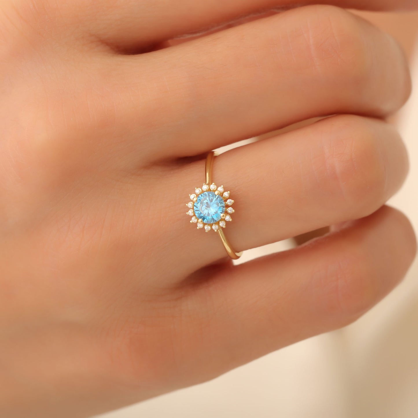 Blue Topaz Ring in Round 8K/10K/14K Solid Gold Shape Surrounded by Real Diamonds, December Birthstone