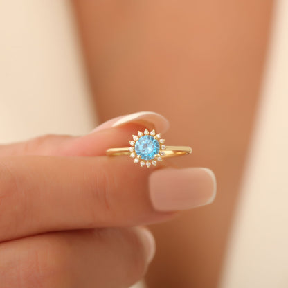 Blue Topaz Ring in Round 8K/10K/14K Solid Gold Shape Surrounded by Real Diamonds, December Birthstone