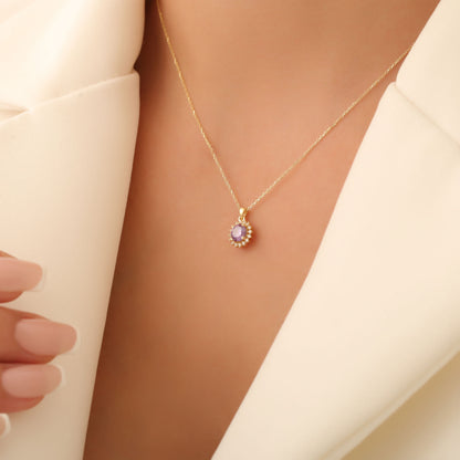 10K/14K Solid Gold Amethyst Necklace in Round Shape Surrounded by Real Diamonds, February Birthstone Jewelry