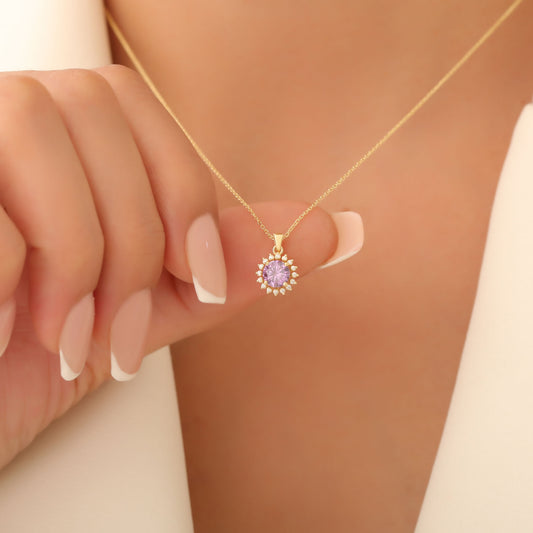 10K/14K Solid Gold Amethyst Necklace in Round Shape Surrounded by Real Diamonds, February Birthstone Jewelry
