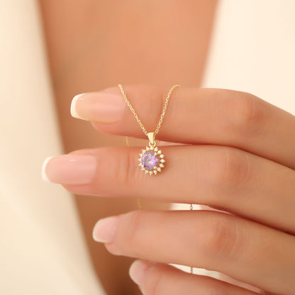 10K/14K Solid Gold Amethyst Necklace in Round Shape Surrounded by Real Diamonds, February Birthstone Jewelry