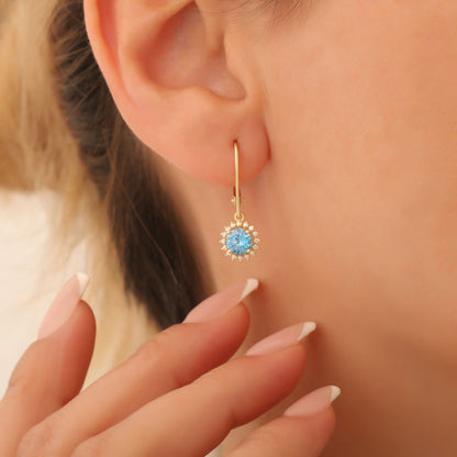 8K/10K/14K Solid Gold Blue Topaz Dangle Earrings in Round Shape Surrounded by Real Diamonds, Timeless Birthstone Jewelry for December Gifts