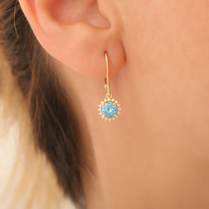 8K/10K/14K Solid Gold Blue Topaz Dangle Earrings in Round Shape Surrounded by Real Diamonds, Timeless Birthstone Jewelry for December Gifts