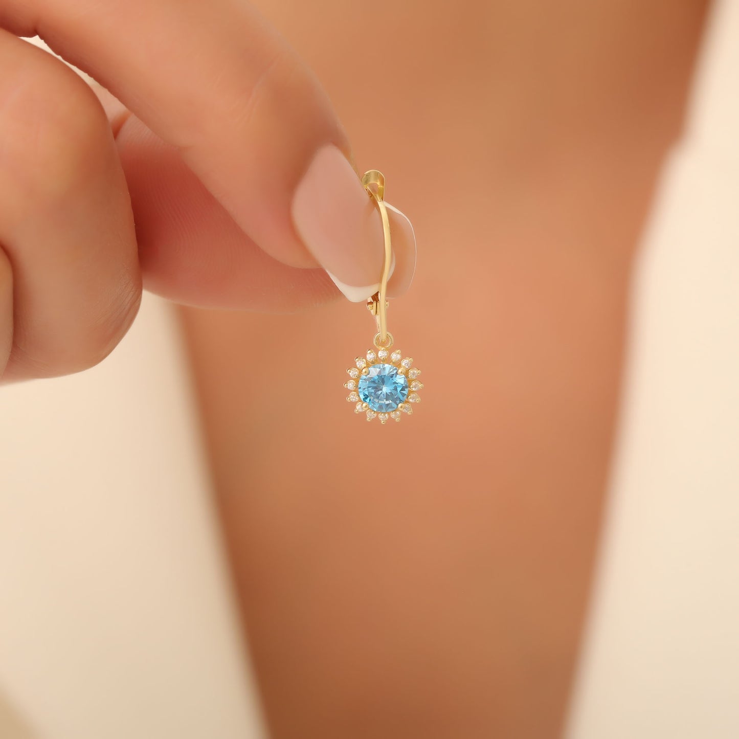 8K/10K/14K Solid Gold Blue Topaz Dangle Earrings in Round Shape Surrounded by Real Diamonds, Timeless Birthstone Jewelry for December Gifts