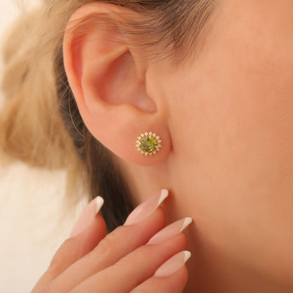 10K/14K Solid Gold Peridot Stud Earrings in Round Shape Surrounded by Real Diamonds, August Birthstone Jewelry