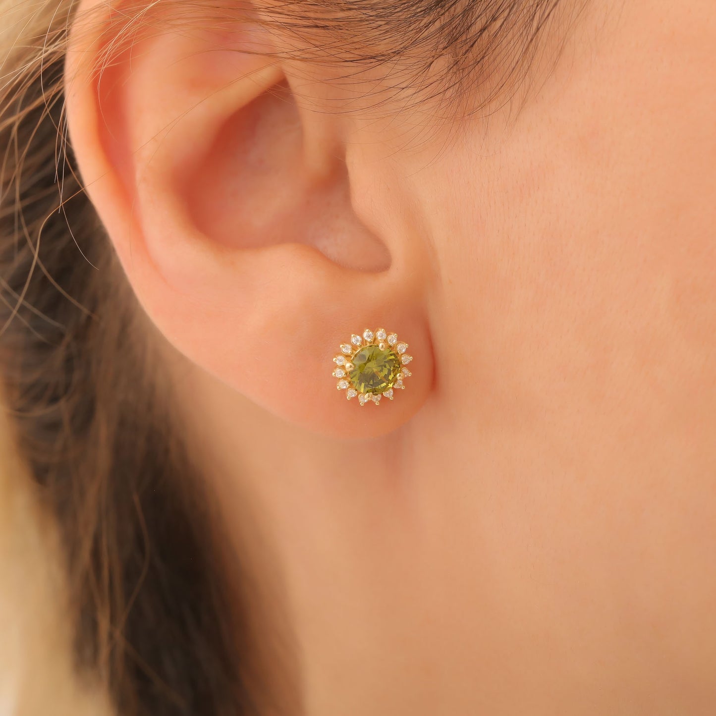 10K/14K Solid Gold Peridot Stud Earrings in Round Shape Surrounded by Real Diamonds, August Birthstone Jewelry