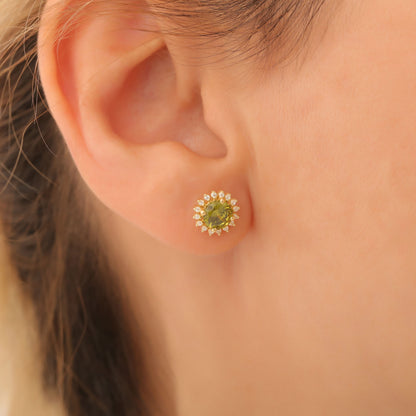 10K/14K Solid Gold Peridot Stud Earrings in Round Shape Surrounded by Real Diamonds, August Birthstone Jewelry