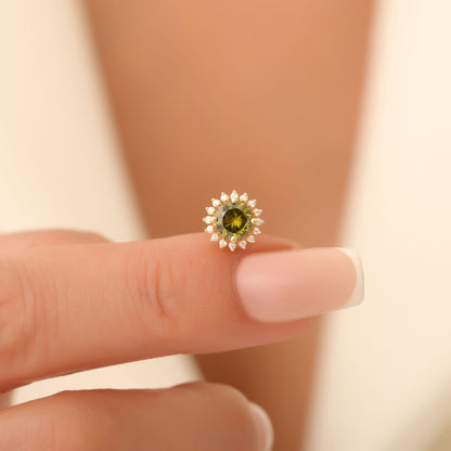 10K/14K Solid Gold Peridot Stud Earrings in Round Shape Surrounded by Real Diamonds, August Birthstone Jewelry