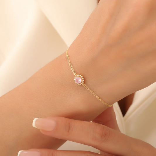 10K/14K Solid Gold Pink Tourmaline Bracelet in Round Shape Surrounded by Real Diamonds