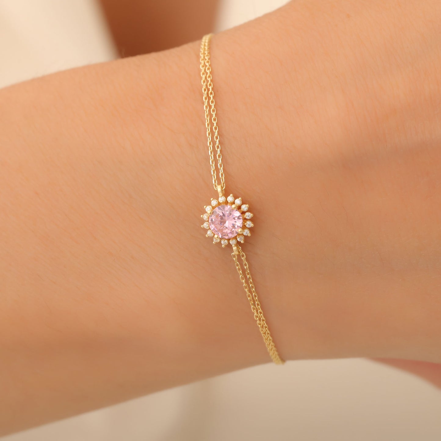 10K/14K Solid Gold Pink Tourmaline Bracelet in Round Shape Surrounded by Real Diamonds