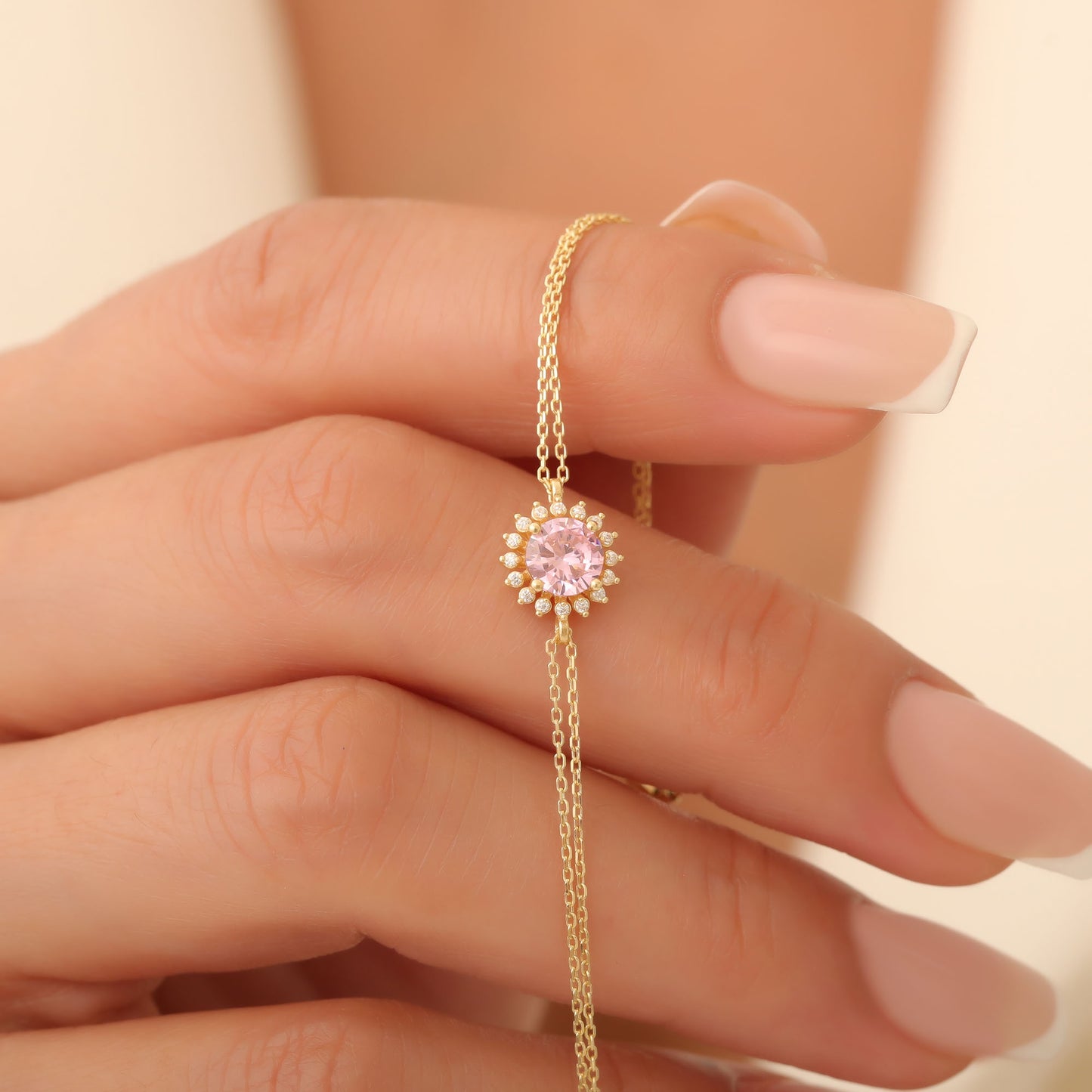 10K/14K Solid Gold Pink Tourmaline Bracelet in Round Shape Surrounded by Real Diamonds