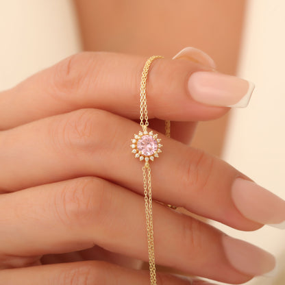 10K/14K Solid Gold Pink Tourmaline Bracelet in Round Shape Surrounded by Real Diamonds