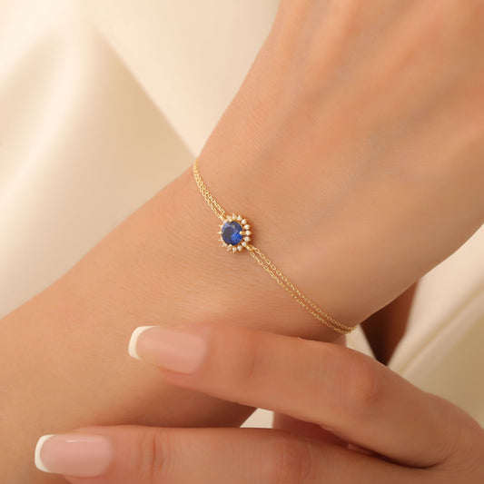 10K/14K Solid Gold Sapphire Bracelet in Round Shape Surrounded by Real Diamonds