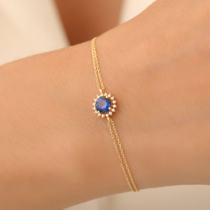 10K/14K Solid Gold Sapphire Bracelet in Round Shape Surrounded by Real Diamonds