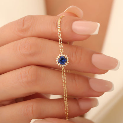 10K/14K Solid Gold Sapphire Bracelet in Round Shape Surrounded by Real Diamonds