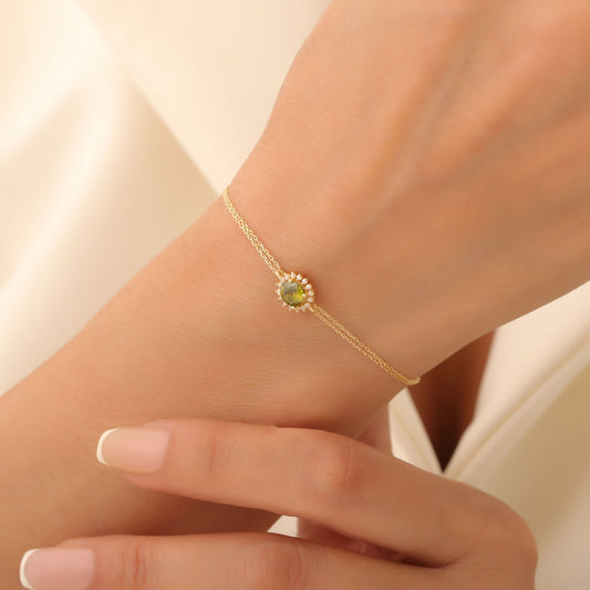 10K/14K Solid Gold Peridot Bracelet in Round Shape Surrounded by Real Diamonds, August Birthstone Jewelry