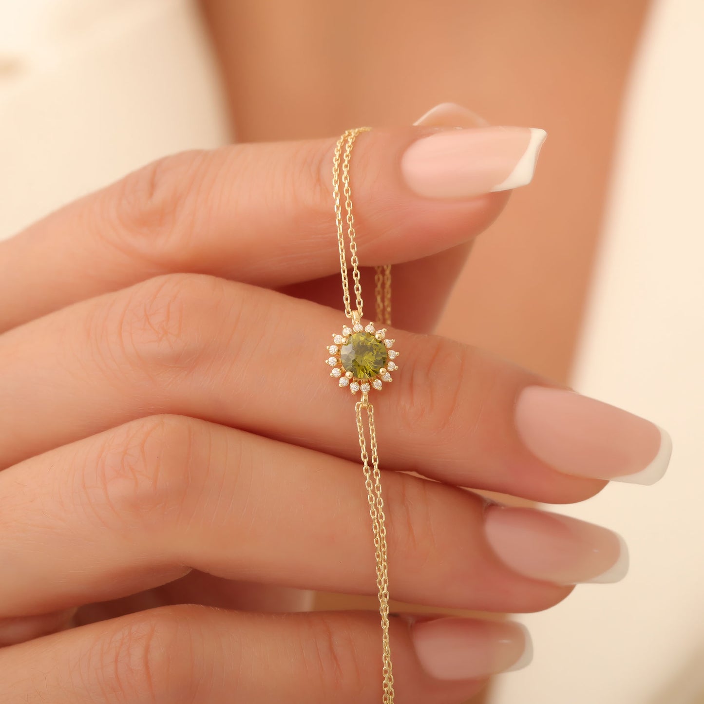 10K/14K Solid Gold Peridot Bracelet in Round Shape Surrounded by Real Diamonds, August Birthstone Jewelry