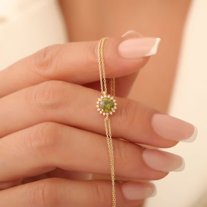 10K/14K Solid Gold Peridot Bracelet in Round Shape Surrounded by Real Diamonds, August Birthstone Jewelry