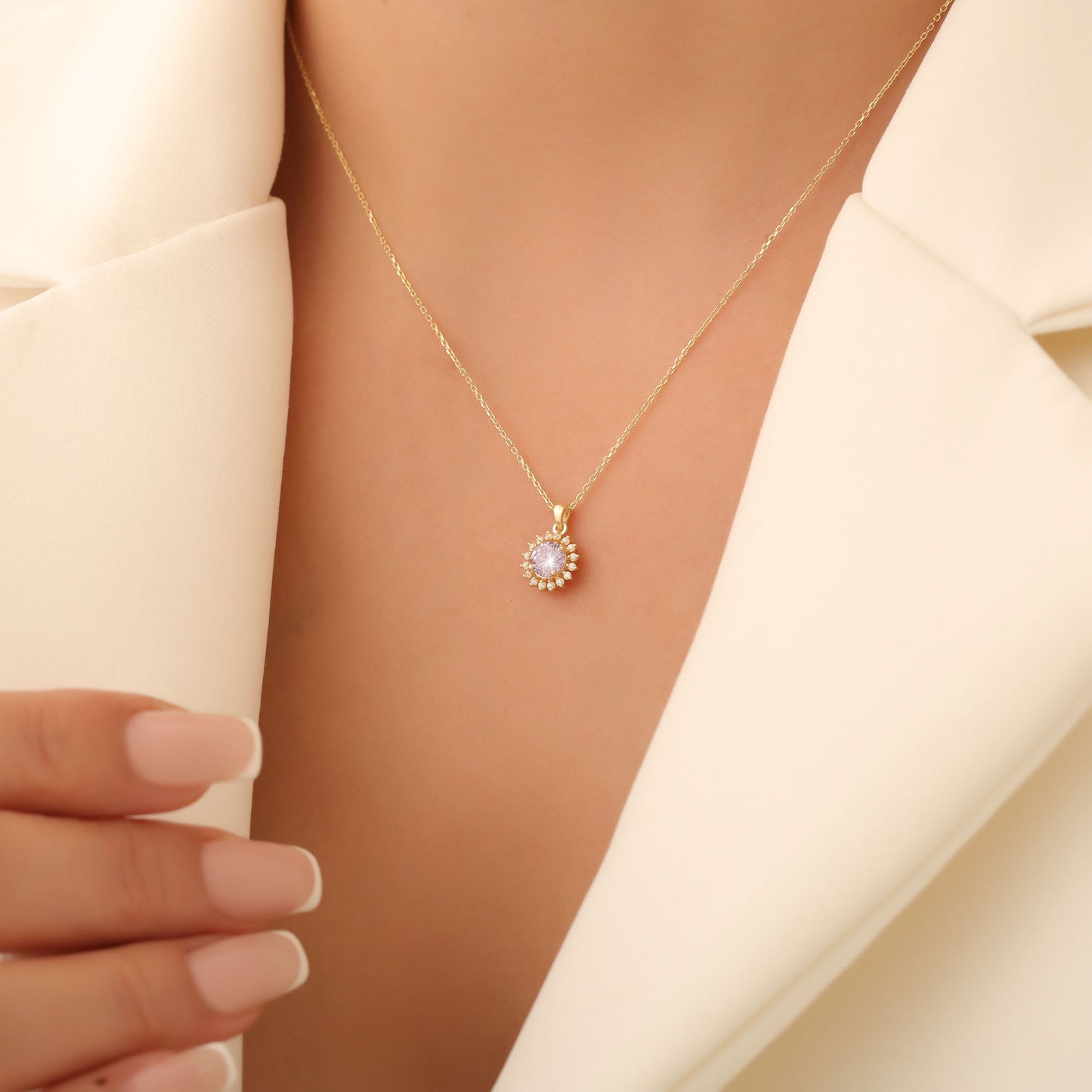 10K/14K Solid Gold Alexandrite Necklace in Round Shape Surrounded by Real Diamonds, June Birthstone Jewelry