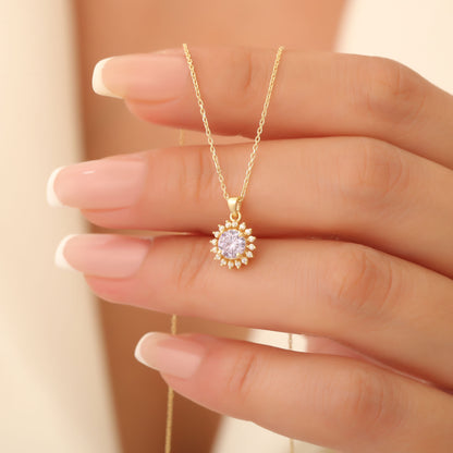 10K/14K Solid Gold Alexandrite Necklace in Round Shape Surrounded by Real Diamonds, June Birthstone Jewelry