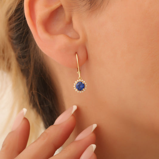 8K/10K/14K Solid Gold Sapphire Dangle Earrings in Round Shape Surrounded by Real Diamonds, Birthstone Jewelry for September Gifts