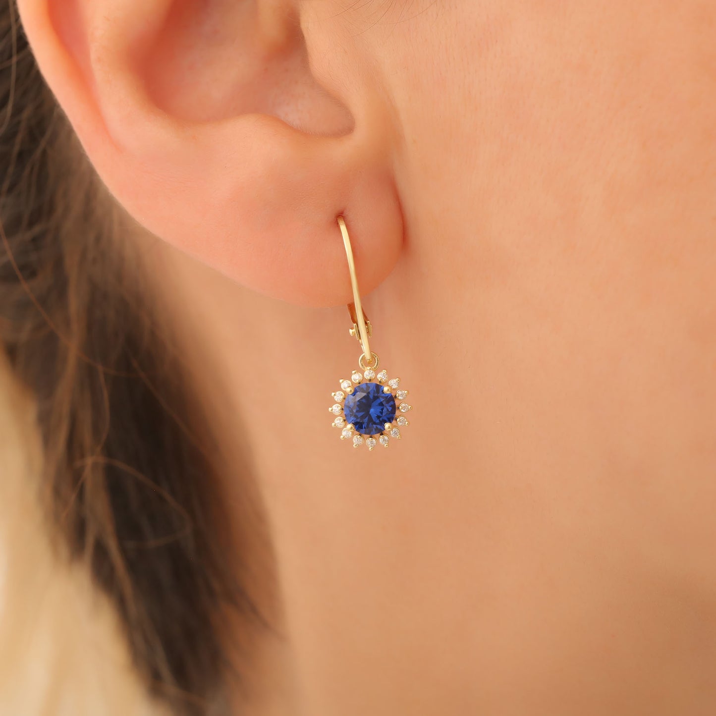 8K/10K/14K Solid Gold Sapphire Dangle Earrings in Round Shape Surrounded by Real Diamonds, Birthstone Jewelry for September Gifts
