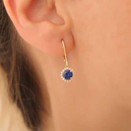 8K/10K/14K Solid Gold Sapphire Dangle Earrings in Round Shape Surrounded by Real Diamonds, Birthstone Jewelry for September Gifts