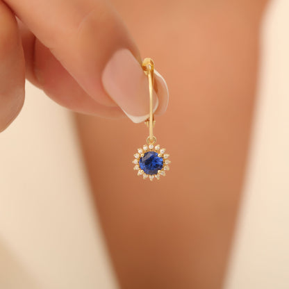 8K/10K/14K Solid Gold Sapphire Dangle Earrings in Round Shape Surrounded by Real Diamonds, Birthstone Jewelry for September Gifts