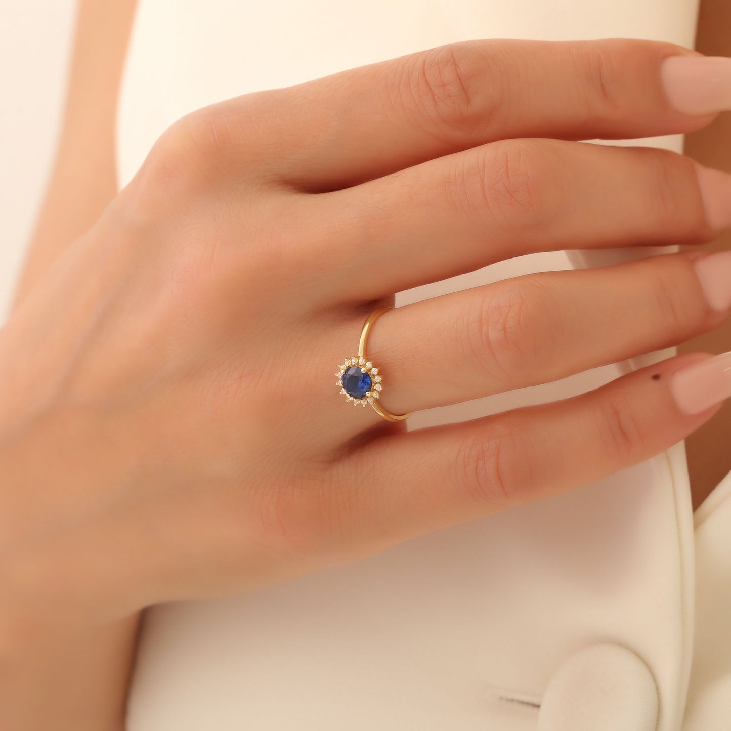 Sapphire Ring in Round 8K/10K/14K Solid Gold Shape Surrounded by Real Diamonds, September Birthstone
