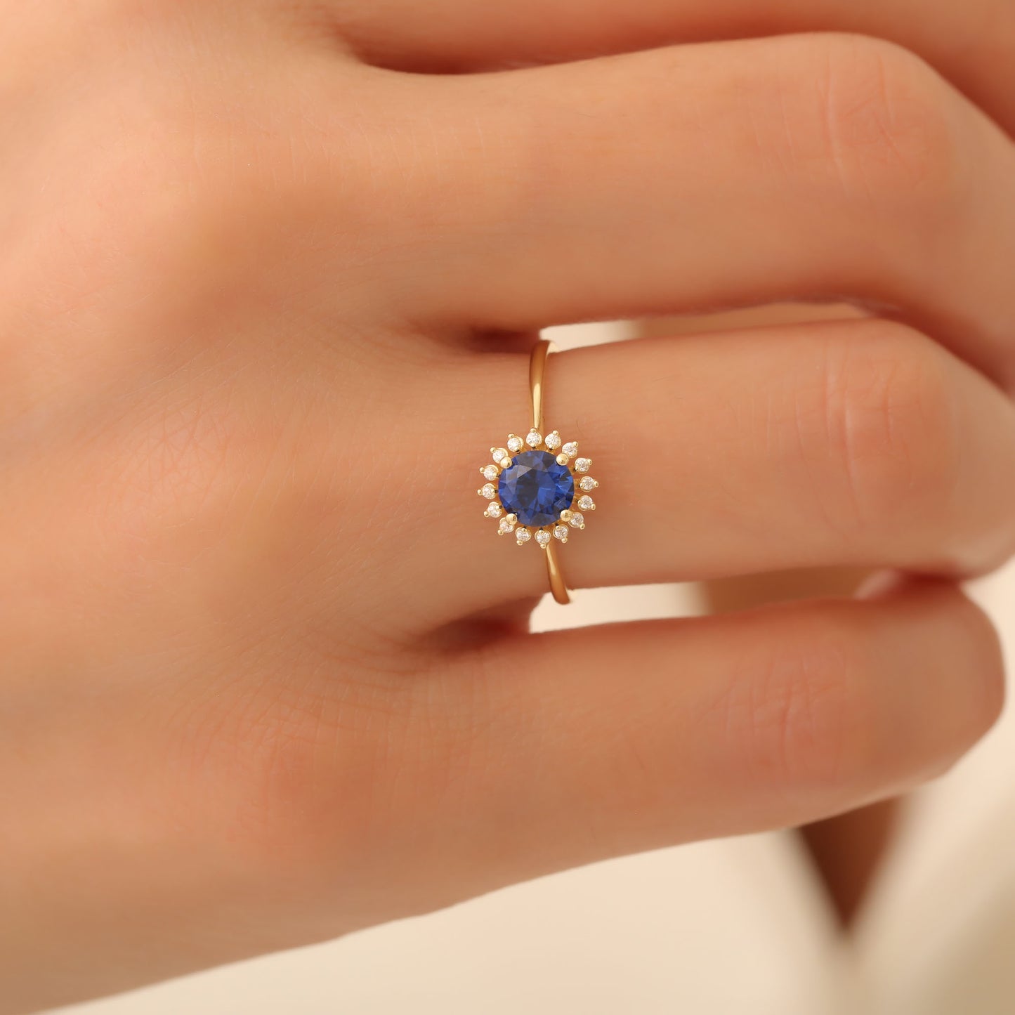 Sapphire Ring in Round 8K/10K/14K Solid Gold Shape Surrounded by Real Diamonds, September Birthstone