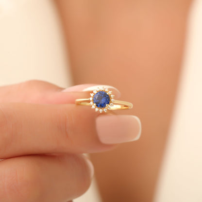 Sapphire Ring in Round 8K/10K/14K Solid Gold Shape Surrounded by Real Diamonds, September Birthstone